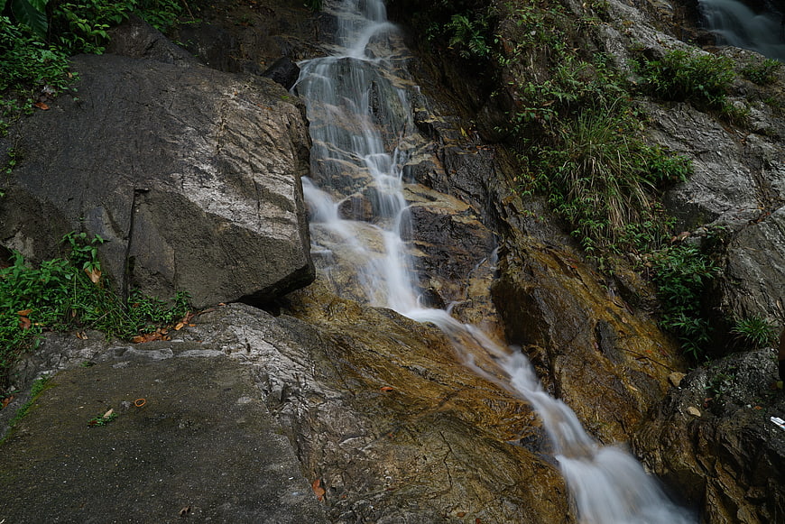 Small waterfall cascading over rocks in a lush forest