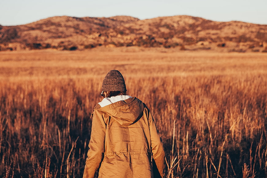 Person in Beanie and Jacket Walking Through Golden Field