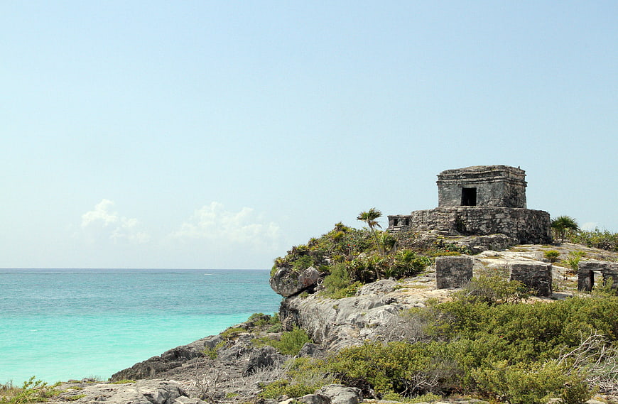 Ancient Mayan Ruins At Tulum Overlooking The Turquoise Caribbean Sea
