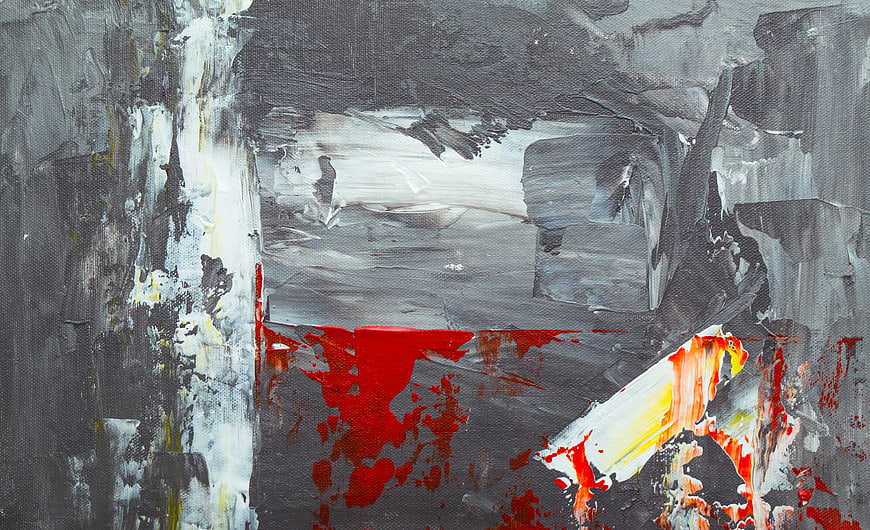 Abstract textured painting with gray, white, and red brushstrokes