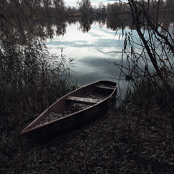 Abandoned rusty boat on riverbank in autumn