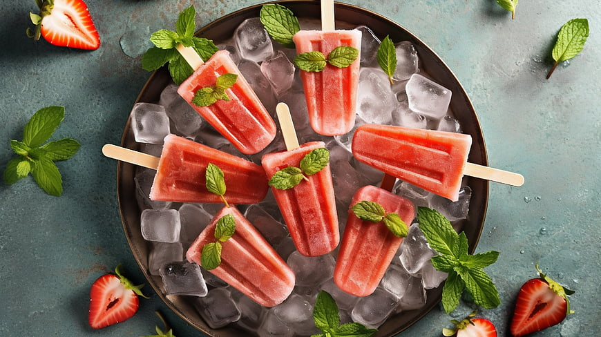Strawberry Mint Popsicles on Ice with Fresh Garnish