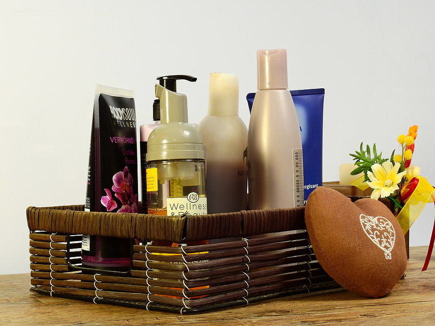 Wellness Gift Basket with Cosmetics and Heart Pillow