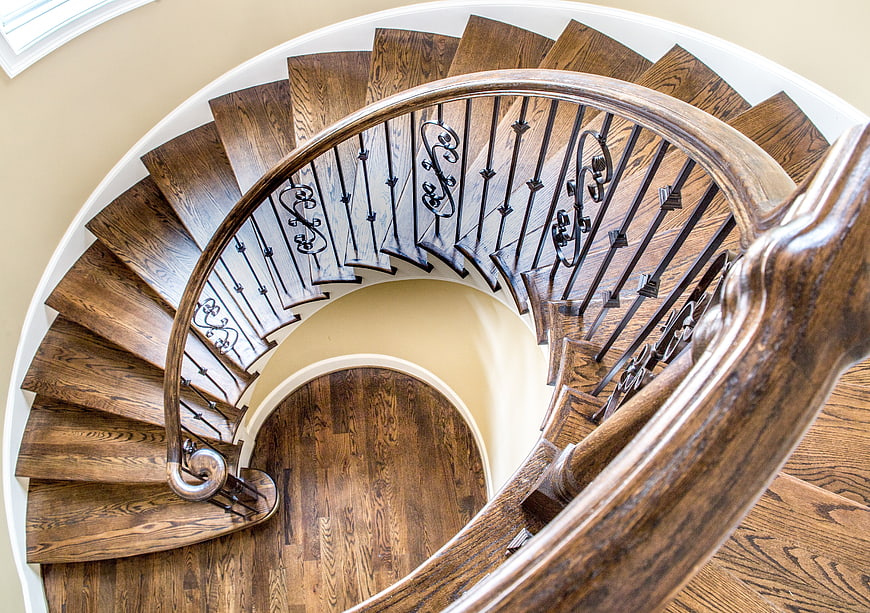 High Angle View of Elegant Wooden Spiral Staircase