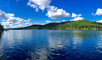 Panoramic View of Serene Lake with Blue Sky and Green Hills