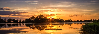 Panoramic sunset over calm lake with tree reflections