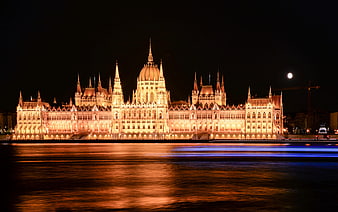 Hungarian Parliament Building illuminated at night with moon