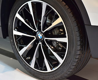 Close-up of BMW alloy wheel with Bridgestone tire