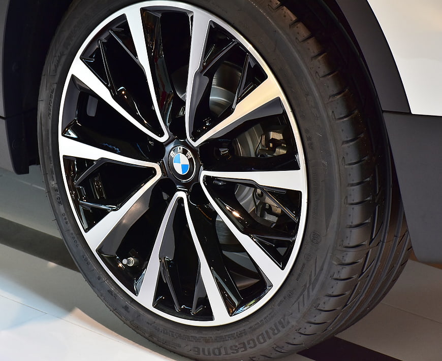 Close-up of BMW alloy wheel with Bridgestone tire
