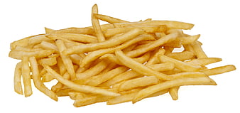 Pile of golden french fries on white background