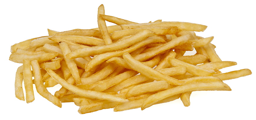 Pile of golden french fries on white background