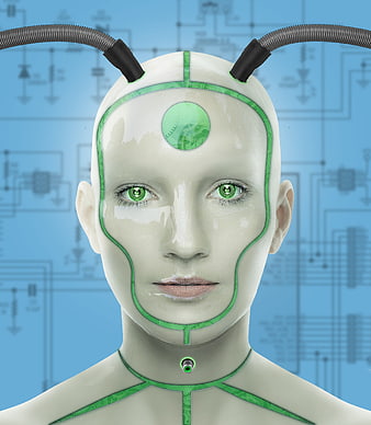 Futuristic female cyborg head with green circuitry and blue background