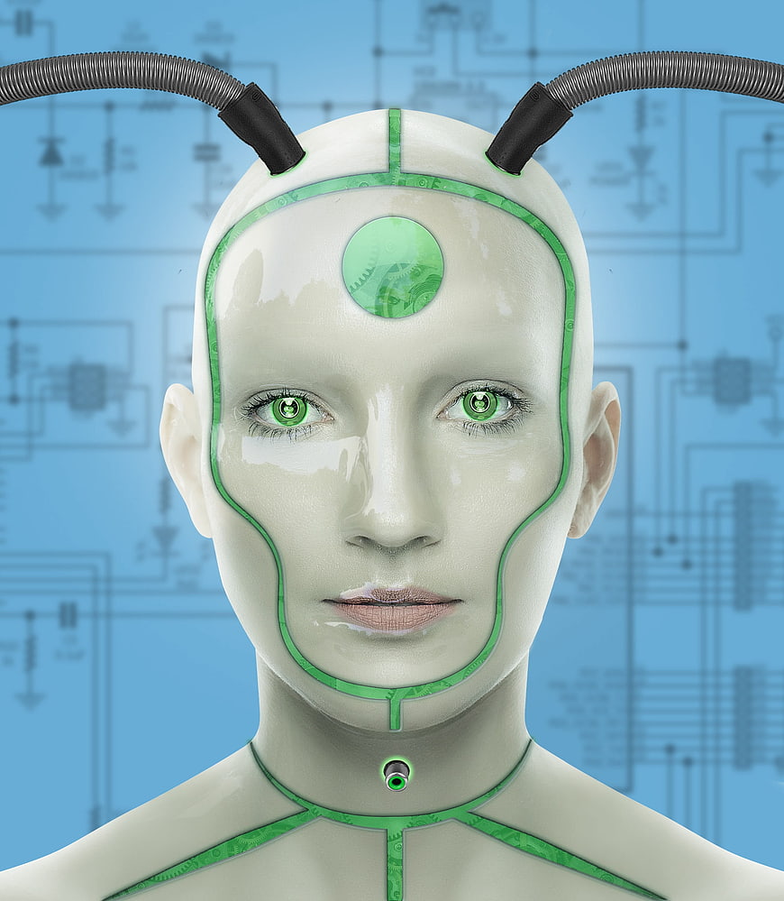 Futuristic female cyborg head with green circuitry and blue background