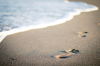 Footprints in Sand on Beach Shore with Ocean Waves