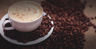 Cappuccino cup surrounded by roasted coffee beans on rustic background