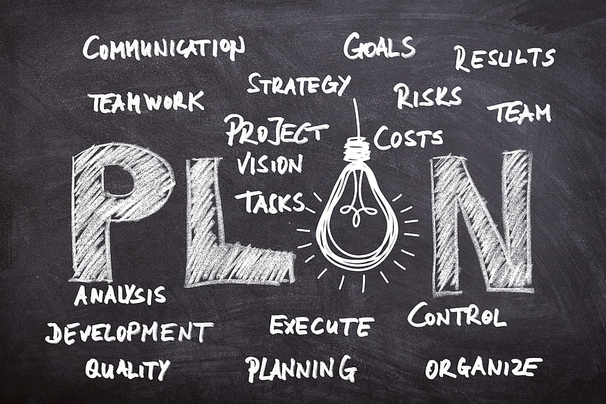 Business Planning Concept Chalkboard with Strategy Keywords and Lightbulb