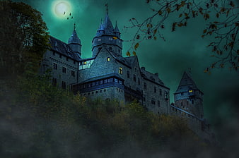 Mystical Medieval Castle At Night With Full Moon And Fog