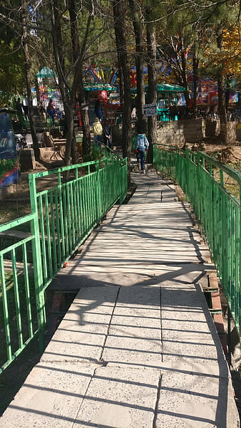 Green metal bridge in park with people walking