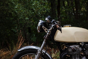 Vintage Cream Motorcycle in Forest Setting