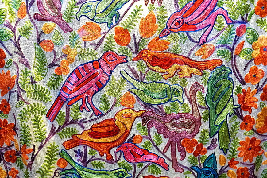 Colorful Embroidered Birds and Floral Pattern on Fabric