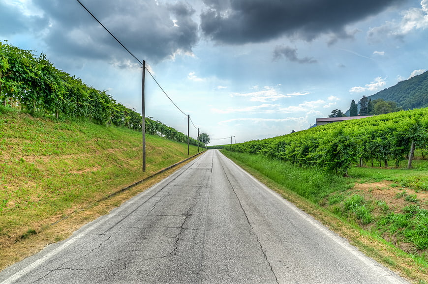 Empty asphalt road through Italian vineyards under dramatic sky