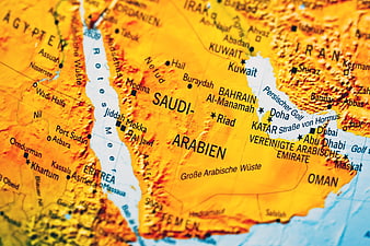 Close-up of a topographic map showing Saudi Arabia and the Middle East