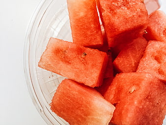 Fresh Watermelon Cubes in Clear Plastic Bowl