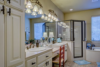 Spacious master bathroom with double vanity and walk-in shower