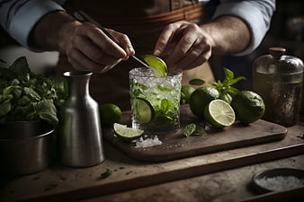 Bartender preparing fresh mojito cocktail with lime and mint