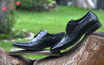 Black Leather Dress Shoes on Wooden Log