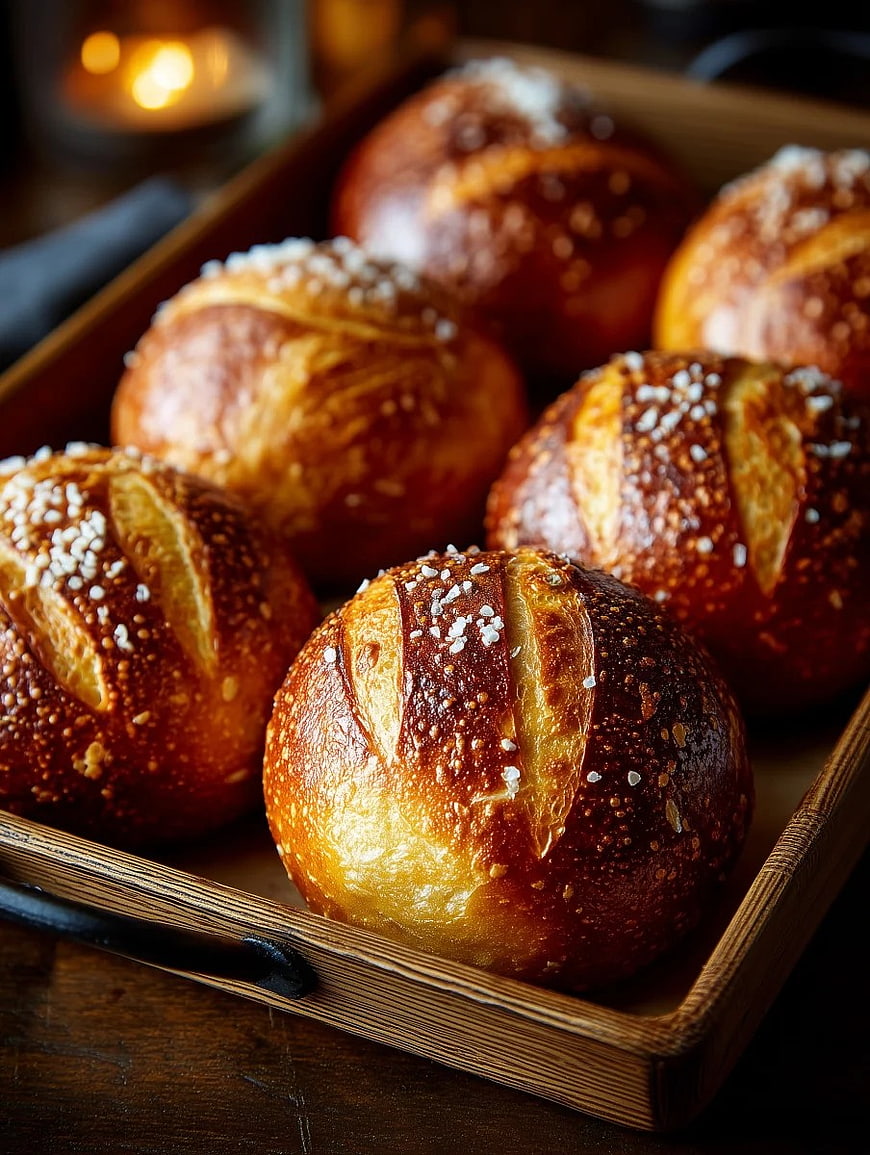 Golden Pretzel Rolls with Sea Salt on Wooden Tray