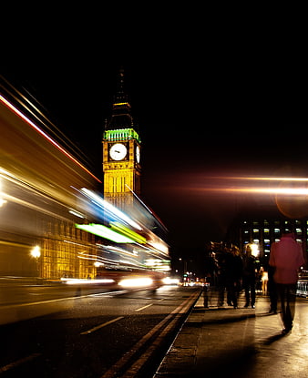 Big Ben Night Long Exposure with Bus Light Trails