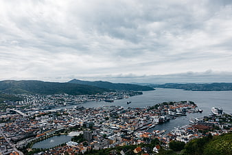 Aerial View of Bergen, Norway Cityscape and Harbor
