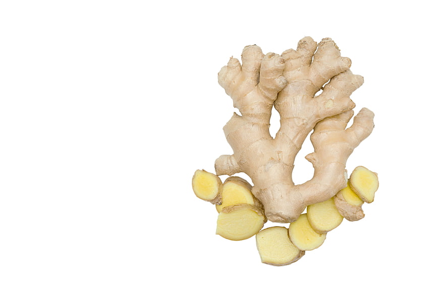 Fresh Ginger Root With Slices Isolated On White Background