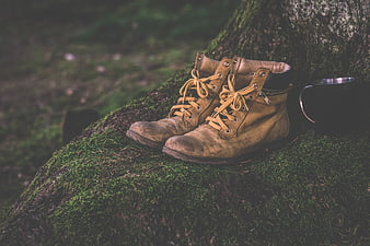 Worn hiking boots and metal mug on mossy log