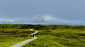 Couple Walking on Path Through Green Dunes