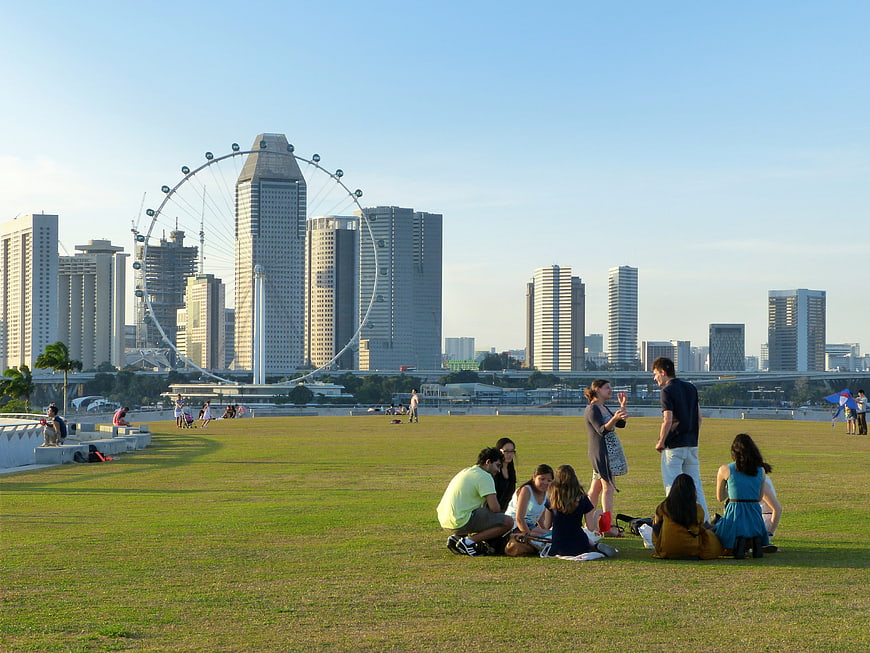 Friends relaxing on grass with Singapore Flyer skyline background