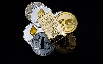 Gold Bar And Cryptocurrency Coins On Black Background