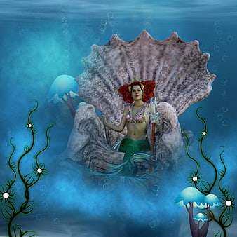 Fantasy mermaid queen sitting on giant shell throne underwater