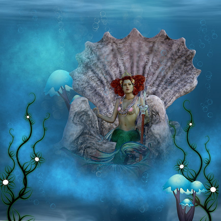 Fantasy mermaid queen sitting on giant shell throne underwater