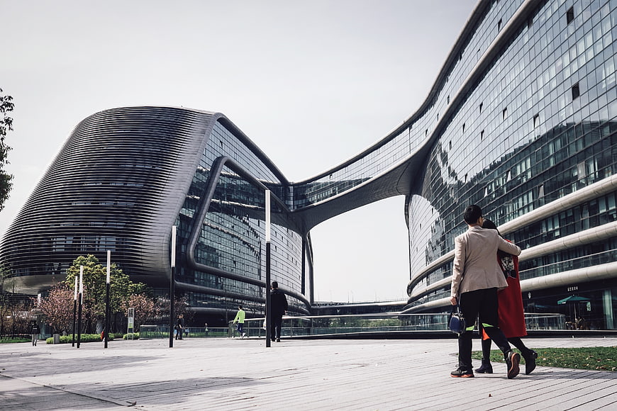 Modern Futuristic Architecture with Curved Glass Facade
