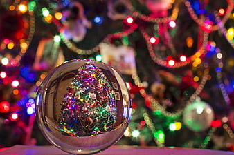 Christmas Tree Reflection in Crystal Ball with Bokeh Lights