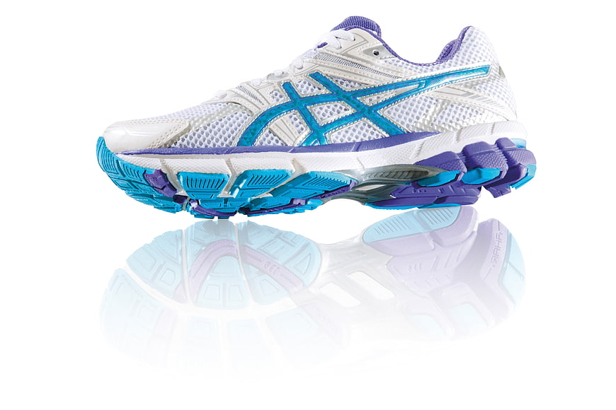 White and Blue Running Shoe with Reflection on White Background