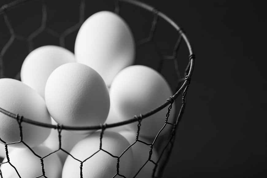 White Eggs in Wire Basket Black and White