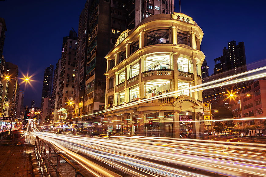 Long exposure light trails on busy Hong Kong street at night