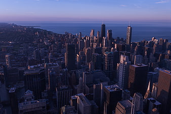 Aerial Chicago Skyline at Dusk with Lake Michigan