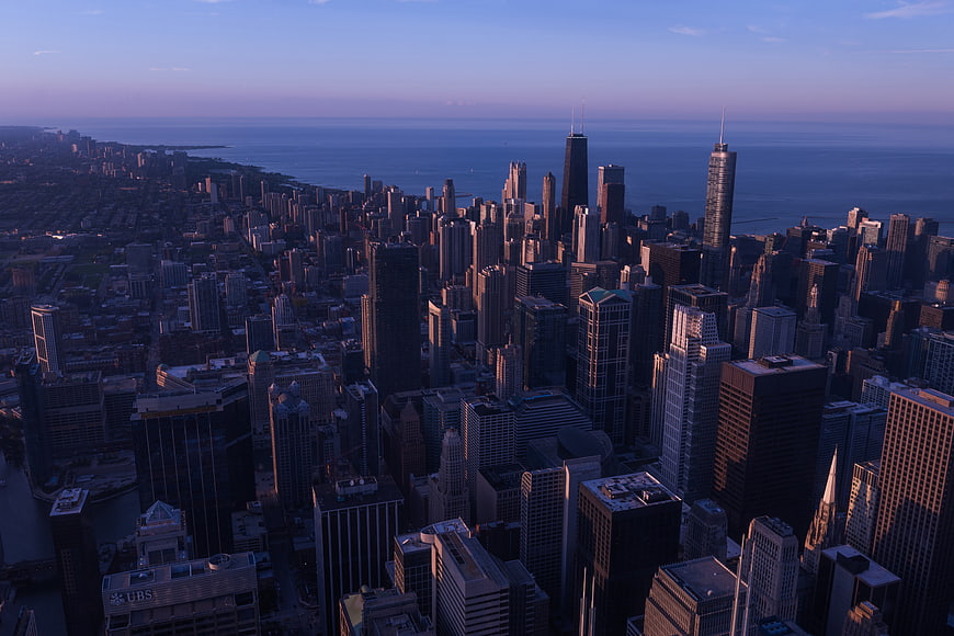 Aerial Chicago Skyline at Dusk with Lake Michigan