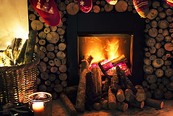 Cozy Christmas Fireplace with Firewood and Stockings