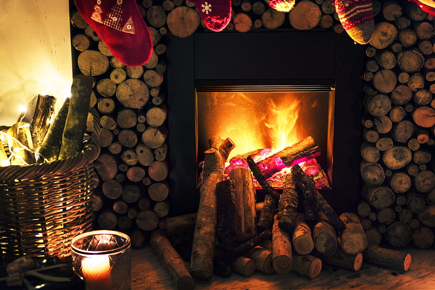 Cozy Christmas Fireplace with Firewood and Stockings