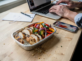 Healthy Grilled Chicken Lunch Box on Office Desk
